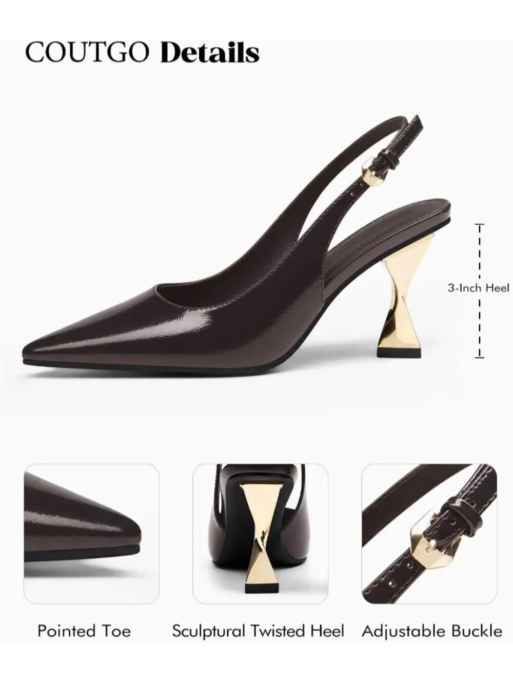 Women's Chocolate Kitten Heels Slingback Pointed Closed Toe Comfortable Shoes